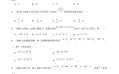 专题4.3+整式（精选精练）（专项练习）（培优练）-2024-2025学年七年级数学上册基础知识专项突破讲与练（人教版）_初中数学人教版_7上-初中数学人教版_7上-初中数学人教版（新版）