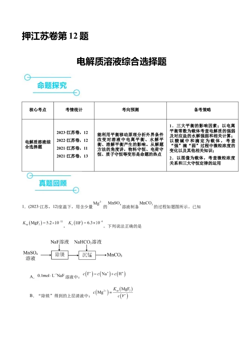 押江苏卷第12题电解质溶液综合选择题（解析版）_05高考化学_2024年新高考资料_5.2024三轮冲刺_备战2024年高考化学临考题号押题（江苏专用）322863014