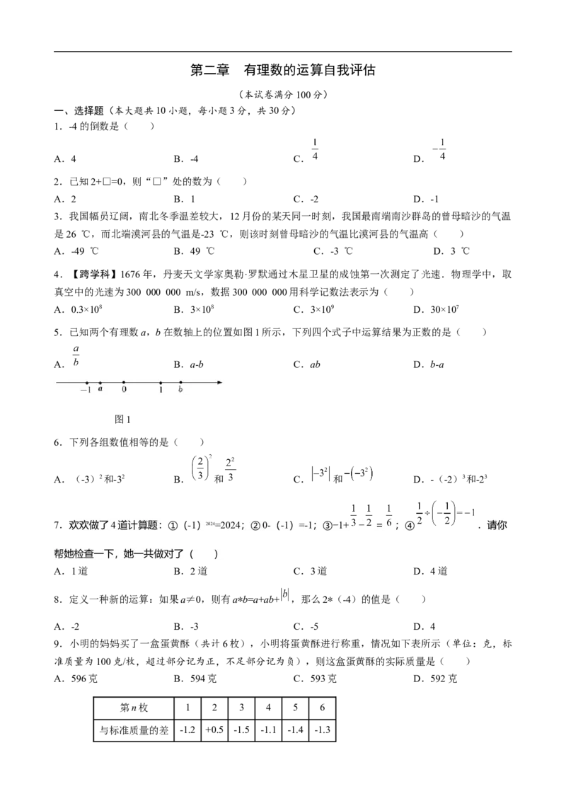 第二章有理数的运算达标测试卷（含答案）人教版（2024）数学七年级上册_初中数学人教版_7上-初中数学人教版_7上-初中数学人教版（新版）_06习题试卷_单元测试_达标测试卷（含答案）