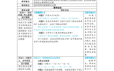 素养目标2.2.2.2有理数的乘法运算律教案（表格式）2024-2025学年人教版数学上册_初中数学人教版_7上-初中数学人教版_7上-初中数学人教版（新版）_04教案