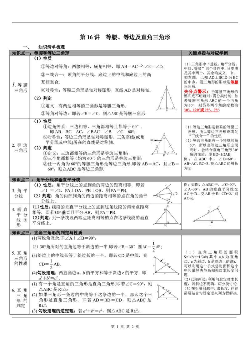 第16讲等腰、等边及直角三角形_初中数学人教版_9下-初中数学人教版_08知识点_中考知识点梳理（通用）_第四单元图形的初步认识与三角形
