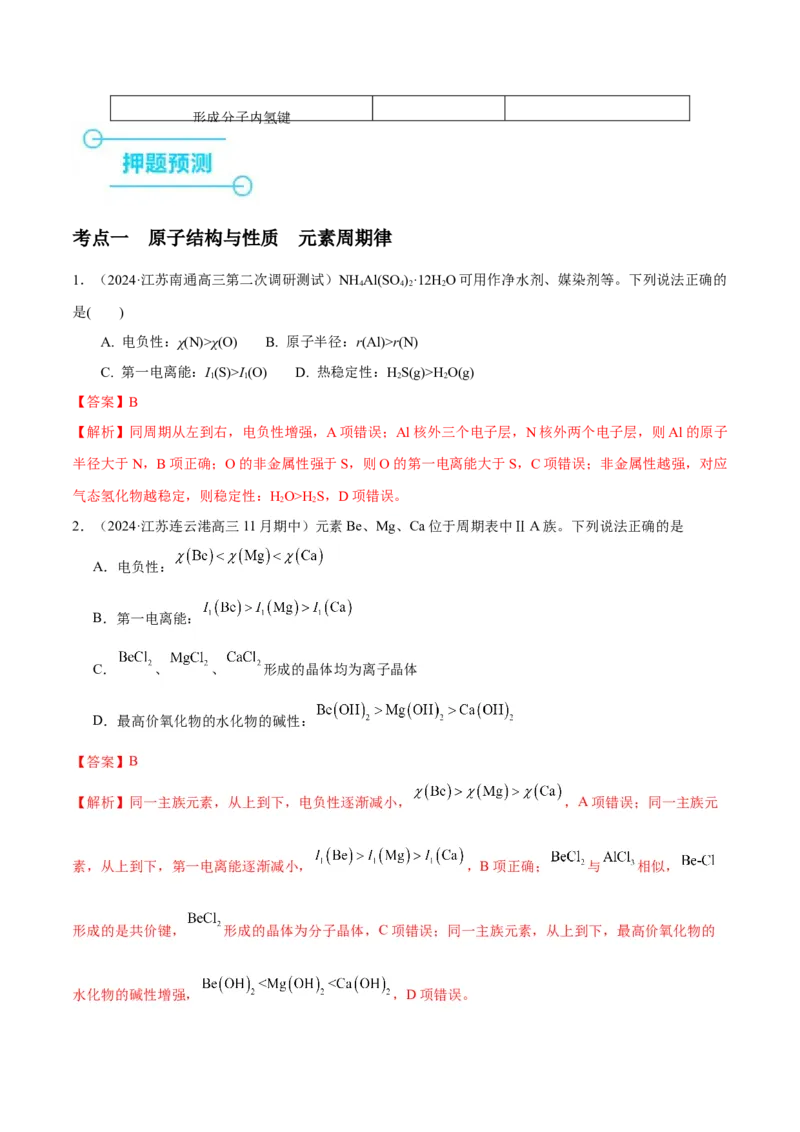 押江苏卷第4-5题物质结构与性质（解析版）_05高考化学_2024年新高考资料_5.2024三轮冲刺_备战2024年高考化学临考题号押题（江苏专用）322863014