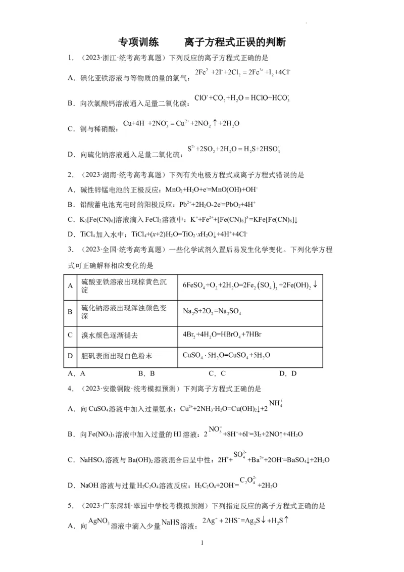 离子方程式的正误判断（原卷版）_05高考化学_新高考复习资料_2024年新高考资料_一轮复习资料_2024届高三化学一轮复习&mdash;专项训练