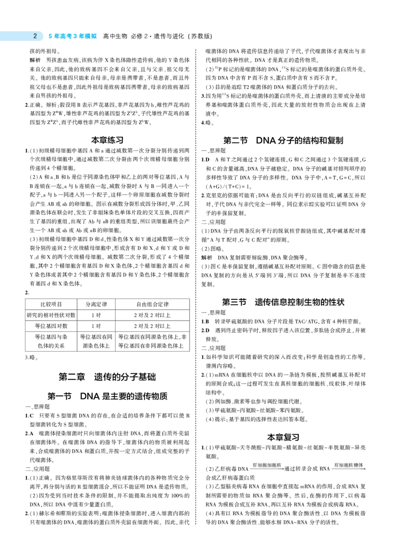 必修2苏教生物教材习题答案_高中全套电子教材及答案。_02高中教材参考答案_高中生物_苏教版