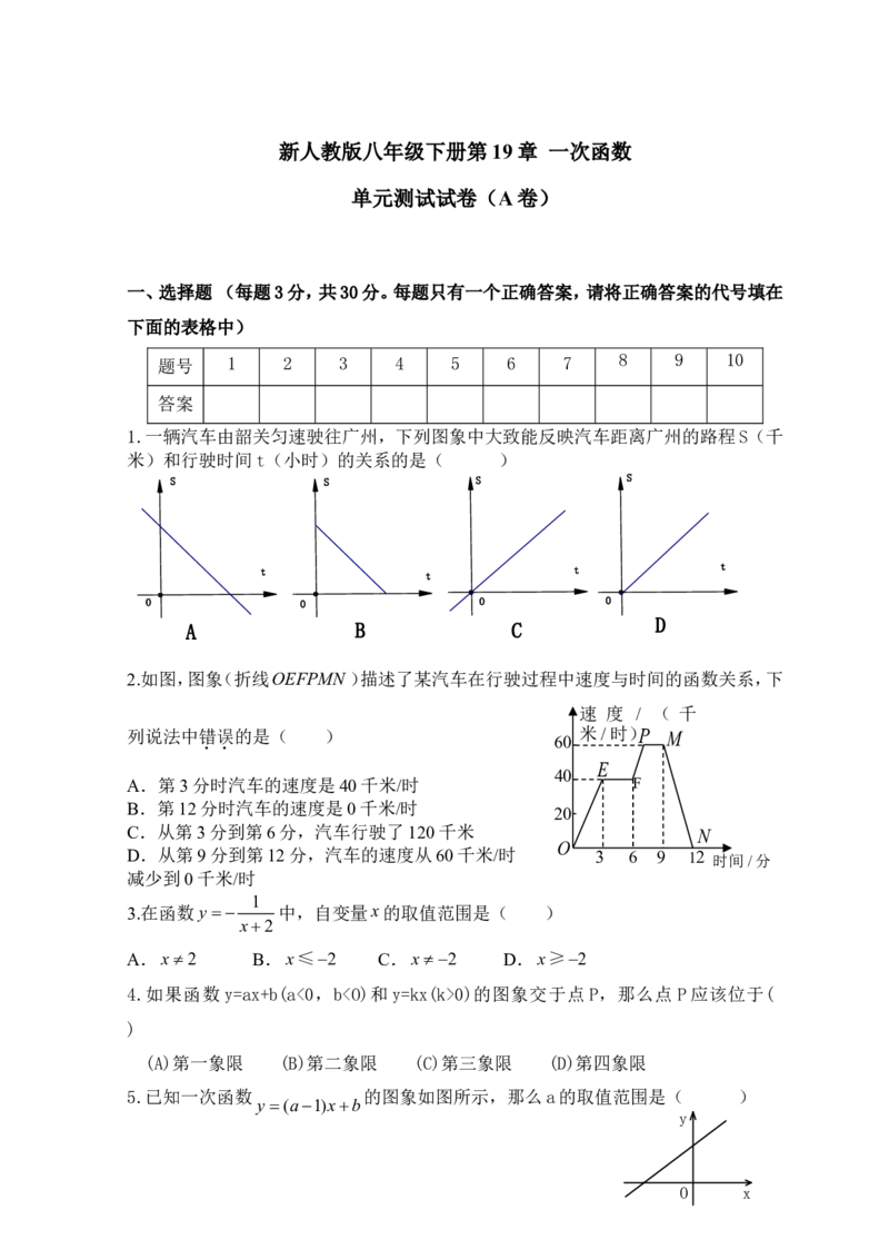 新人教版八年级下册第19章一次函数单元测试试卷（A卷）_初中数学人教版_八年级数学下册_保存转存之后查看(1)_8下-初中数学人教版（2026春新版持续更新）_旧版-可参考_06习题试卷