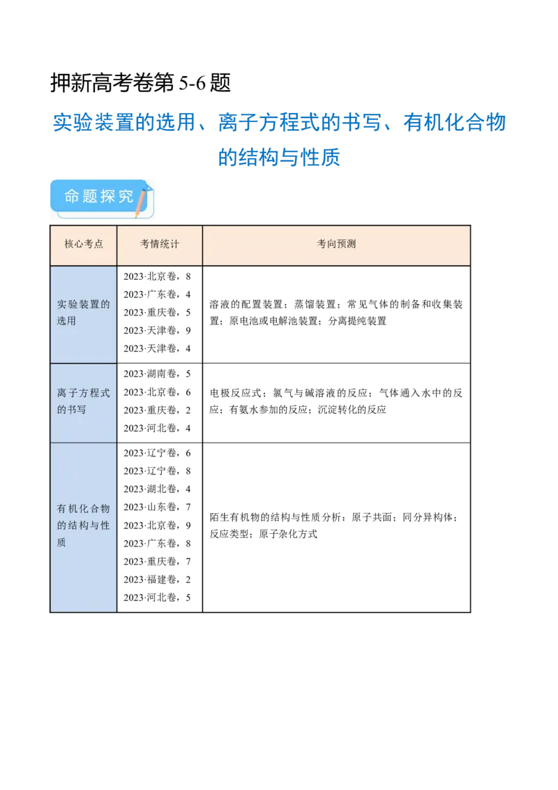押新高考卷第5-6题实验装置的选用、离子方程式的书写、有机化合物的结构与性质（解析版）_05高考化学_2024年新高考资料_5.2024三轮冲刺