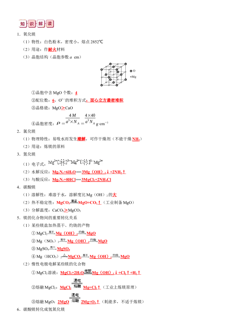 知识清单06++镁及其重要化合物-口袋书2024年高考化学一轮复习知识清单_05高考化学_2024年新高考资料_1.2024一轮复习_2024年高考化学一轮复习知识清单