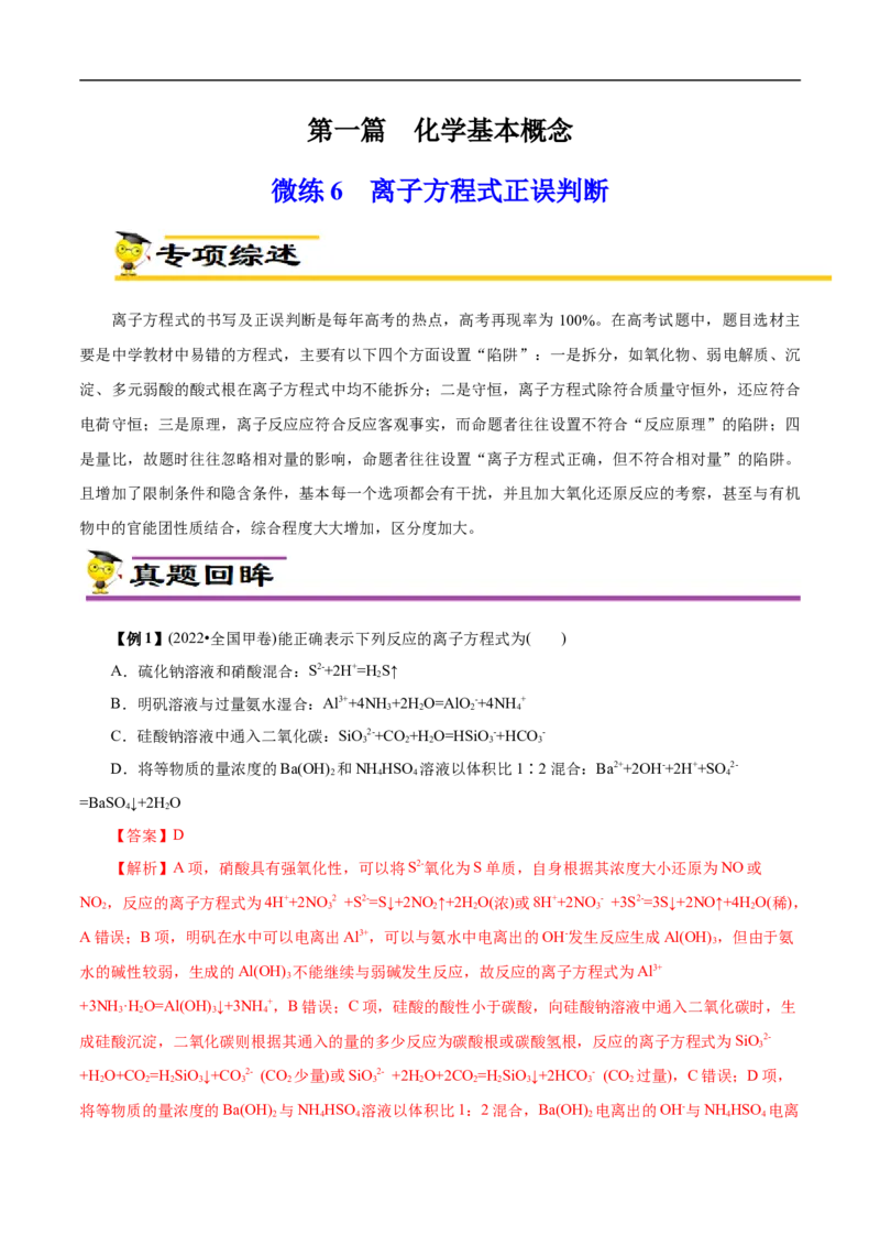 微练6离子方程式正误判断（原卷版）_05高考化学_新高考复习资料_2023年新高考资料_专项复习_2023年高考化学热点专项导航与精练（新高考专用）