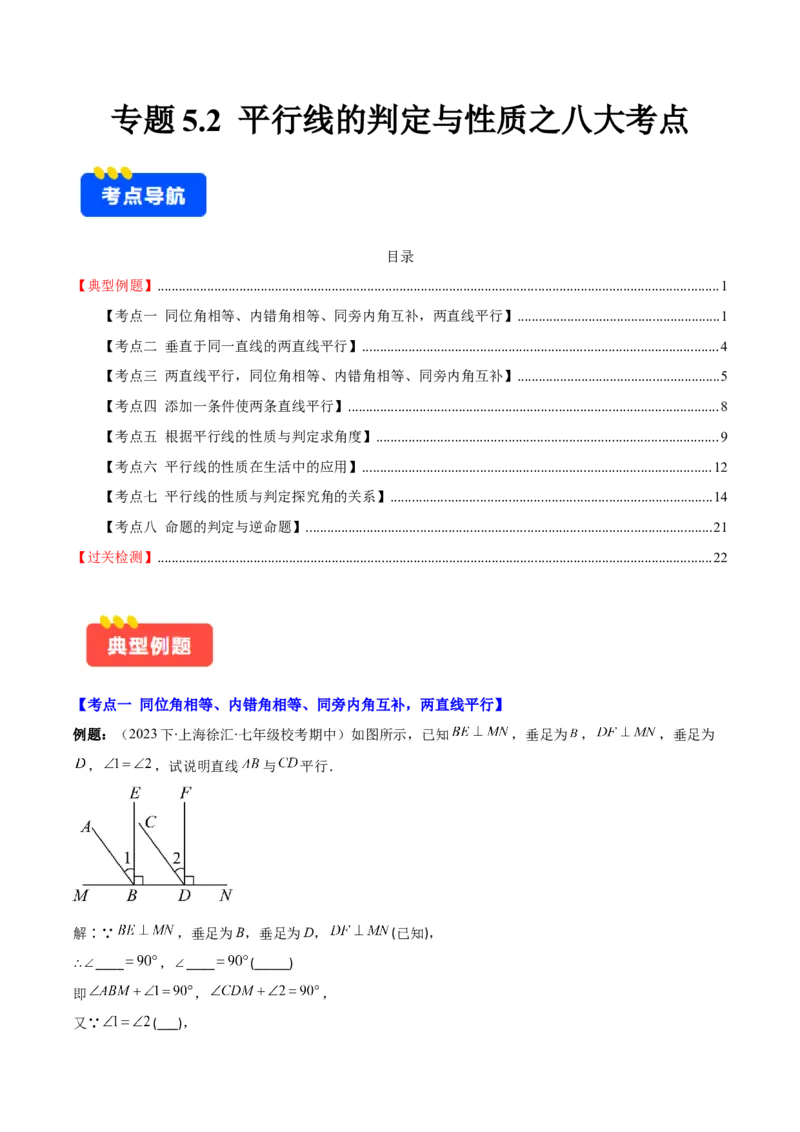 专题5.2平行线的判定与性质之八大考点(解析版)_初中数学人教版_7下-初中数学人教版_7下-初中数学人教版（旧版）赠送_07专项讲练