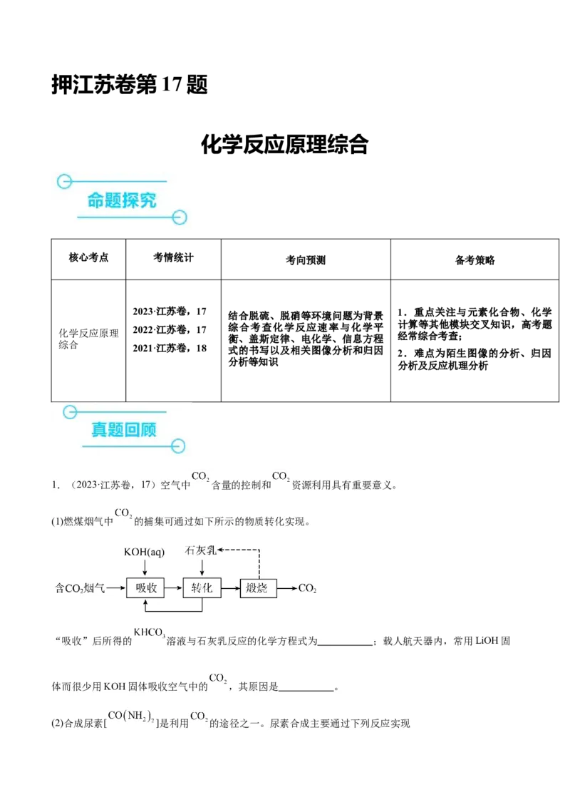 押江苏卷第17题化学反应原理综合（原卷版）_05高考化学_2024年新高考资料_5.2024三轮冲刺_备战2024年高考化学临考题号押题（江苏专用）322863014