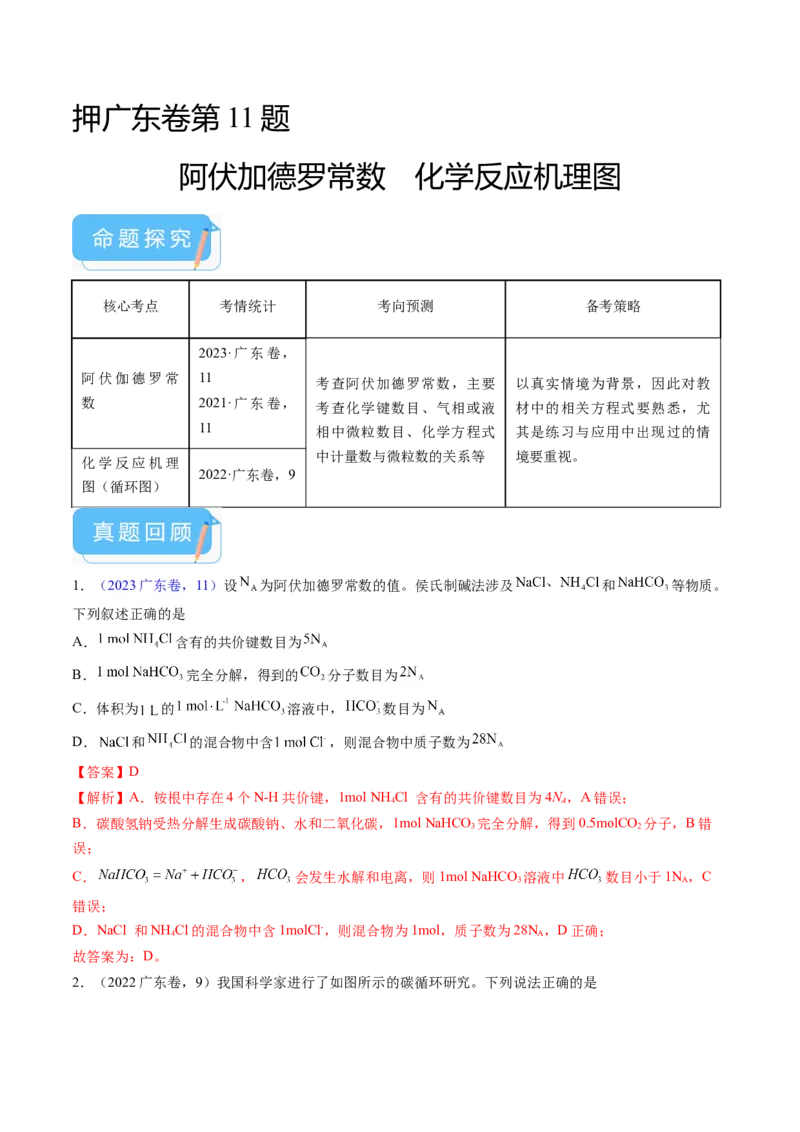押广东卷第11题&nbsp;阿伏加德罗常数&nbsp;化学反应机理图（解析版）_05高考化学_2024年新高考资料_5.2024三轮冲刺_备战2024年高考化学临考题号押题（广东卷）323301515