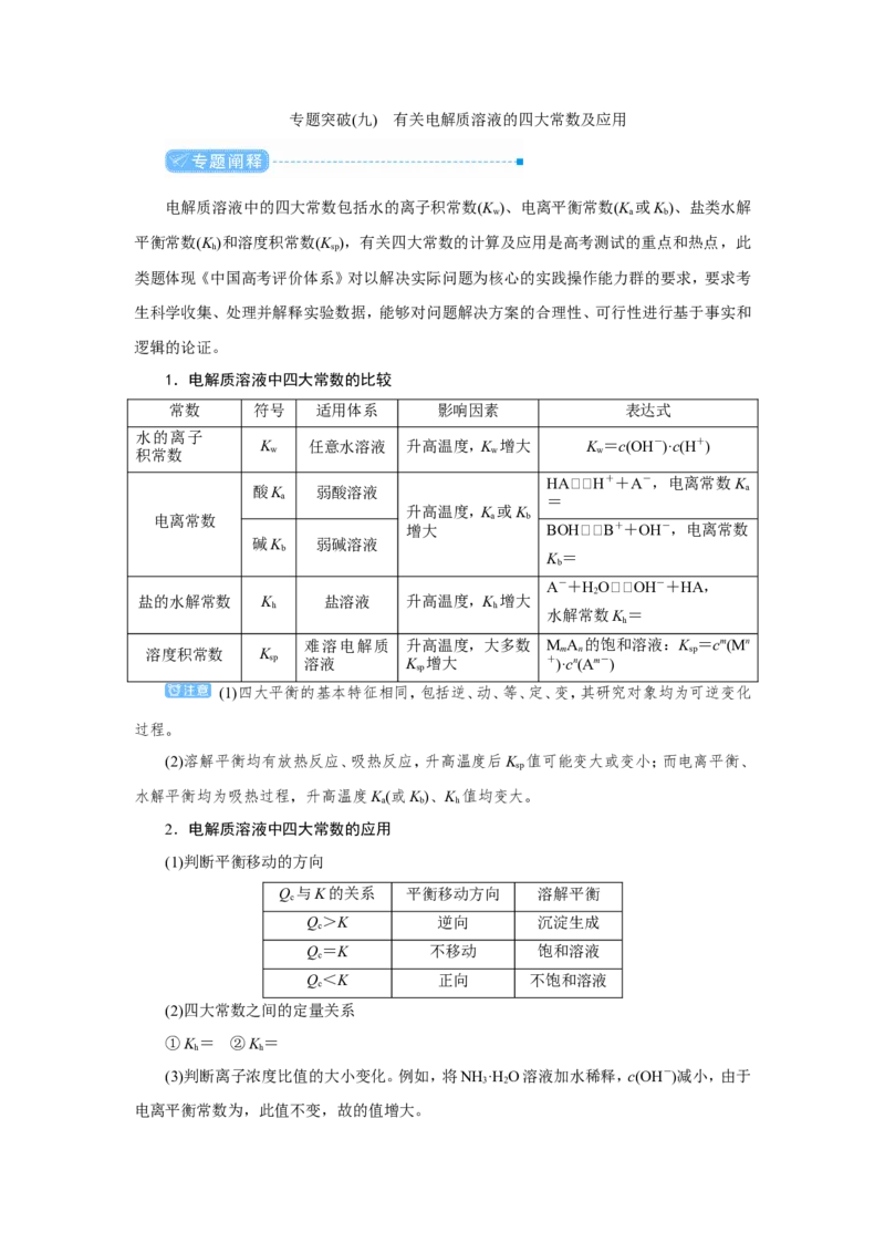 专题突破(九)有关电解质溶液的四大常数及应用（教案）_05高考化学_新高考复习资料_2022年新高考资料_2022届一轮复习讲练结合_第八章水溶液中的离子平衡