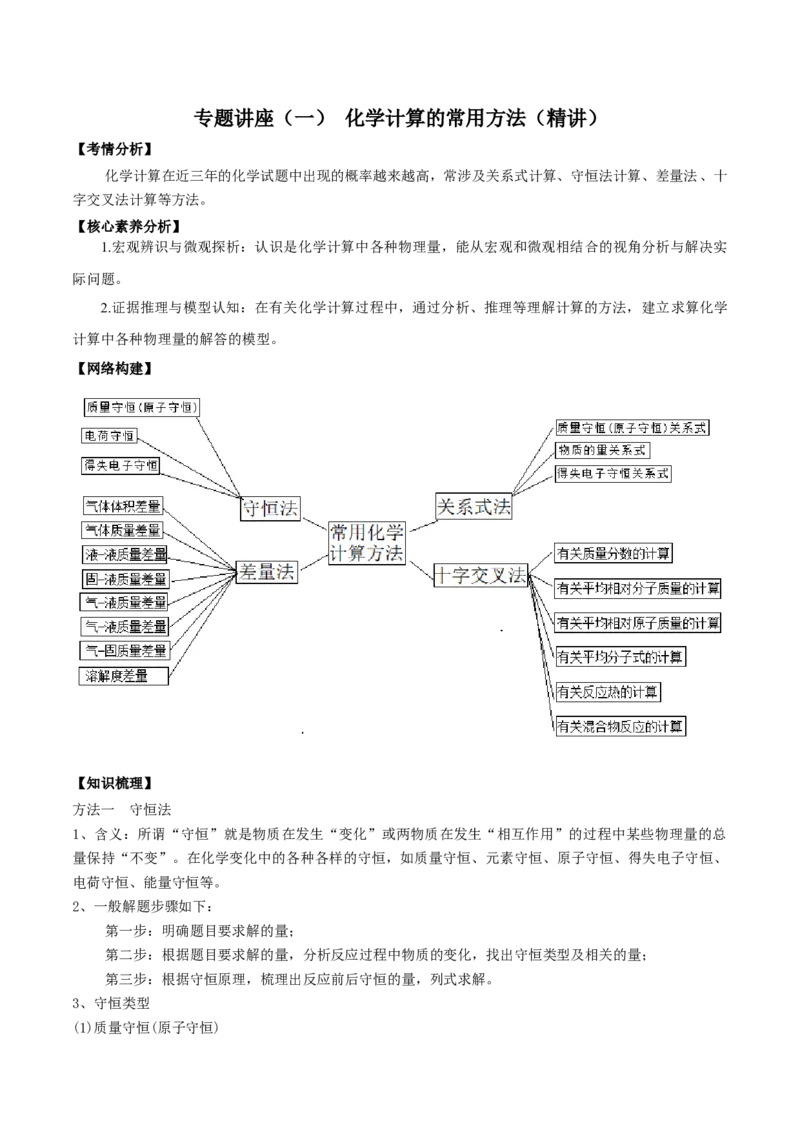 专题讲座（一）化学计算的常用方法（精讲）-2022年一轮复习讲练测（原卷版）_05高考化学_新高考复习资料_2022年新高考资料_2022年高考化学一轮复习讲练测