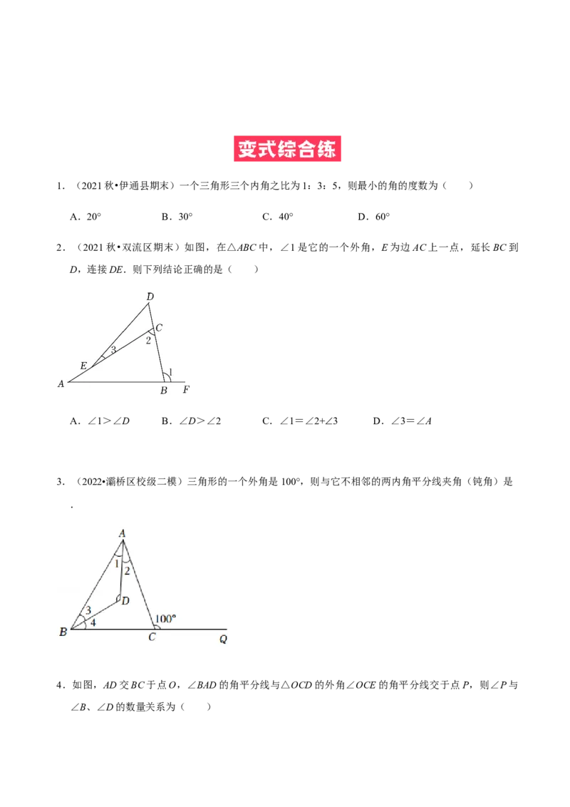 必考点02与三角形有关的角-题型&middot;技巧培优系列2022-2023学年八年级数学上册精选专题（人教版）（原卷版）_初中数学人教版_8上-初中数学人教版_旧版_07专项讲练