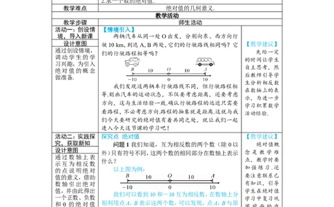 素养目标1.2.4绝对值教案（表格式）2024-2025学年人教版数学上册_初中数学人教版_7上-初中数学人教版_7上-初中数学人教版（新版）_04教案_素养目标七年级上册教案（表格式）