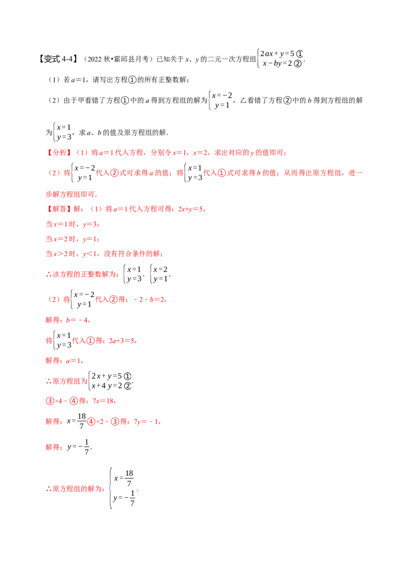 专题二元一次方程组的同解、错解、参数等问题（解析版）_初中数学人教版_7下-初中数学人教版_7下-初中数学人教版（旧版）赠送_07专项讲练
