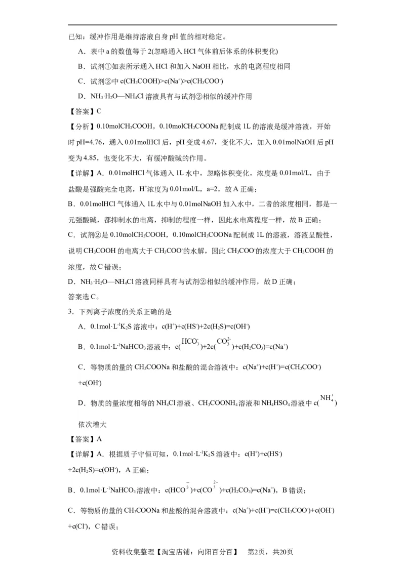 盐溶液中离子浓度大小的比较（解析版）_05高考化学_新高考复习资料_2024年新高考资料_一轮复习资料_2024届高三化学一轮复习&mdash;专项训练