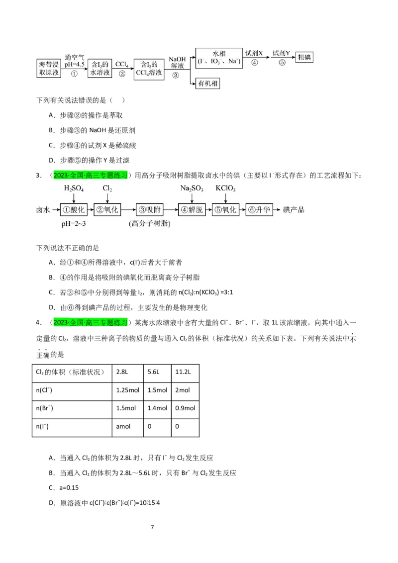 升级版微专题19海水资源的综合利用（提取溴和碘）（原卷版）(全国版)_05高考化学_新高考复习资料_2024年新高考资料_一轮复习资料_备战2024年高考化学一轮复习考点微专题