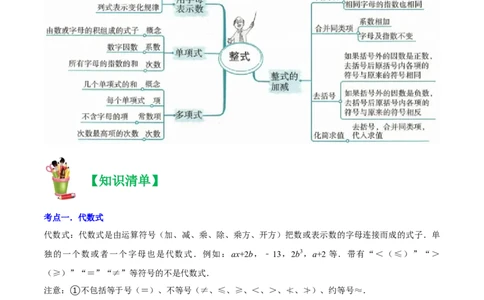 清单02整式的加减（11个考点梳理+题型解读+核心素养提升+中考聚焦）（原卷版）_初中数学人教版_7上-初中数学人教版_7上-初中数学人教版（旧版）赠送_06习题试卷_6期中期末复习专题
