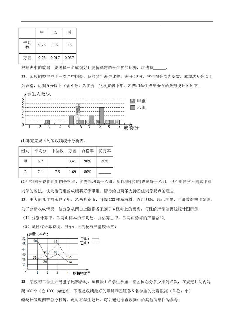 专题44运用方差做出决策（原卷版）_初中数学人教版_八年级数学下册_保存转存之后查看(1)_8下-初中数学人教版（2026春新版持续更新）_旧版-可参考_06习题试卷_5专项练习