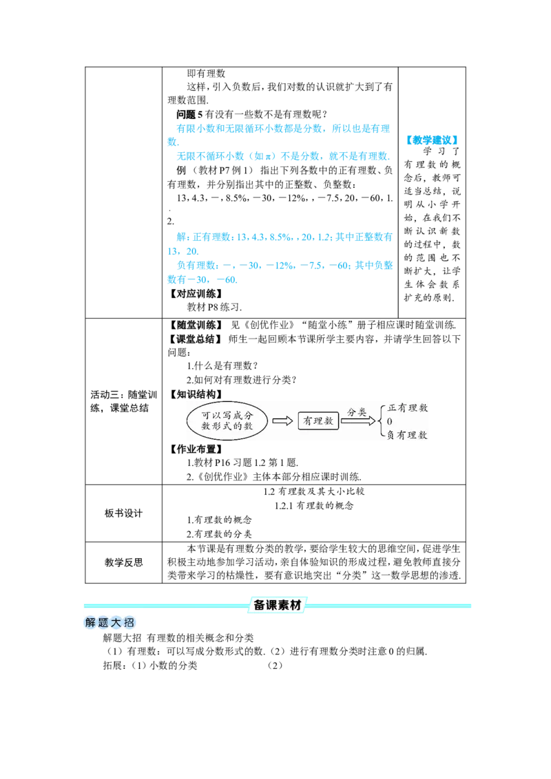 素养目标1.2.1有理数的概念教案（表格式）2024-2025学年人教版数学上册_初中数学人教版_7上-初中数学人教版_7上-初中数学人教版（新版）_04教案