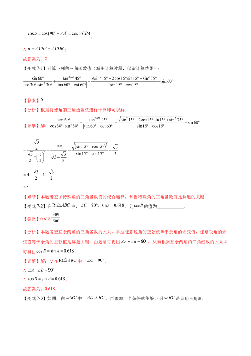 热点专题08锐角三角函数（10个热点）（解析版）_初中数学人教版_9下-初中数学人教版_07专项讲练_2023-2024学年九年级数学全册重难热点提升精讲与过关测试（人教版）
