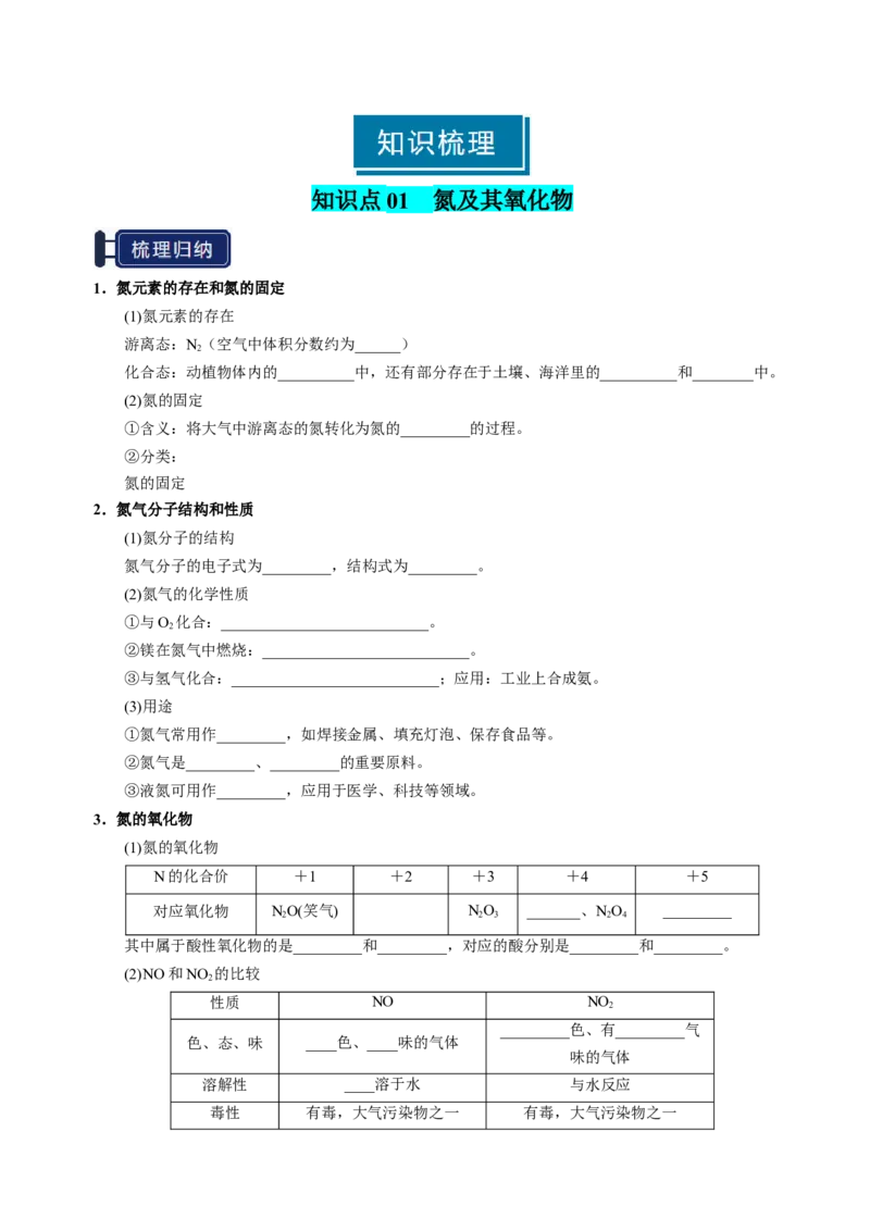 知识清单11氮及其重要化合物-上好课2025年高考化学一轮复习知识清单（新高考专用）（原卷版）_05高考化学_新高考复习资料_2025年新高考资料