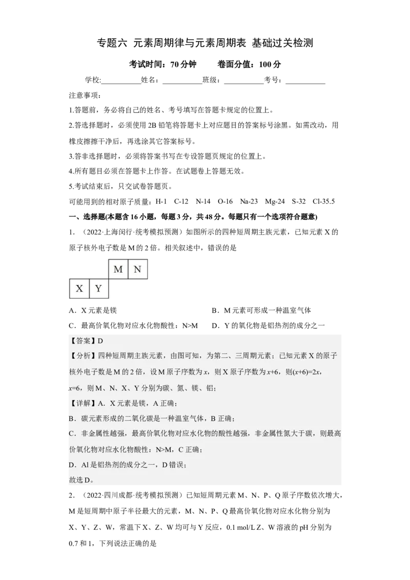 专题六元素周期律与元素周期表（专练）-冲刺2023年高考化学二轮复习核心考点逐项突破（解析版）_05高考化学_新高考复习资料_2023年新高考资料_二轮复习