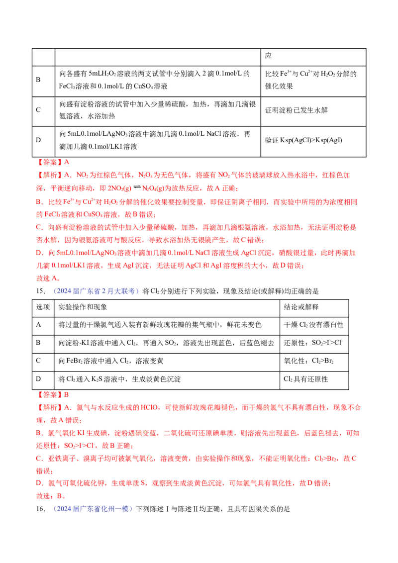 押广东卷第14题&nbsp;化学实验操作、现象与结论评价（解析版）_05高考化学_2024年新高考资料_5.2024三轮冲刺_备战2024年高考化学临考题号押题（广东卷）323301515