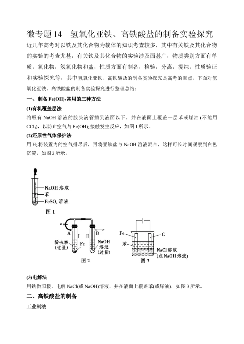 微专题14氢氧化亚铁、高铁酸盐的制备实验探究-备战2022年高考化学考点微专题（解析版）_05高考化学_新高考复习资料_2022年新高考资料_备战2022年高考化学考点微专题