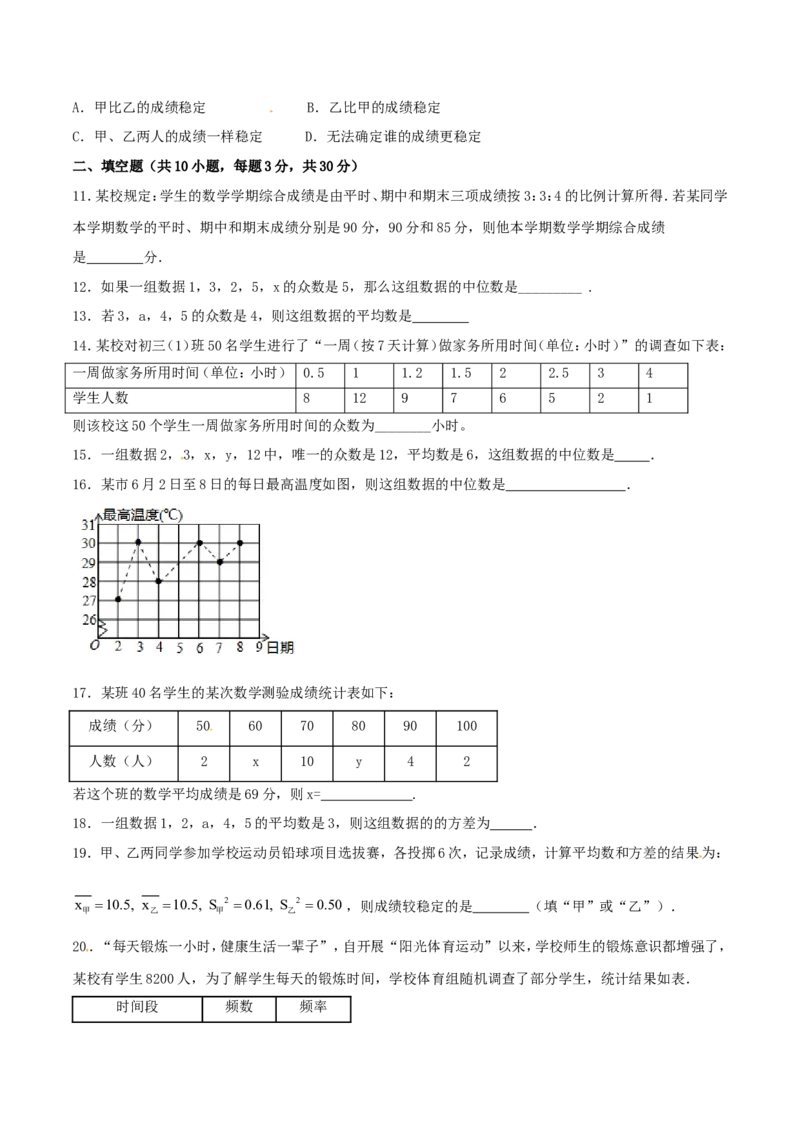 第20章数据的分析（A卷）_初中数学人教版_八年级数学下册_保存转存之后查看(1)_8下-初中数学人教版（2026春新版持续更新）_旧版-可参考_06习题试卷_2单元测试_单元测试（第2套）