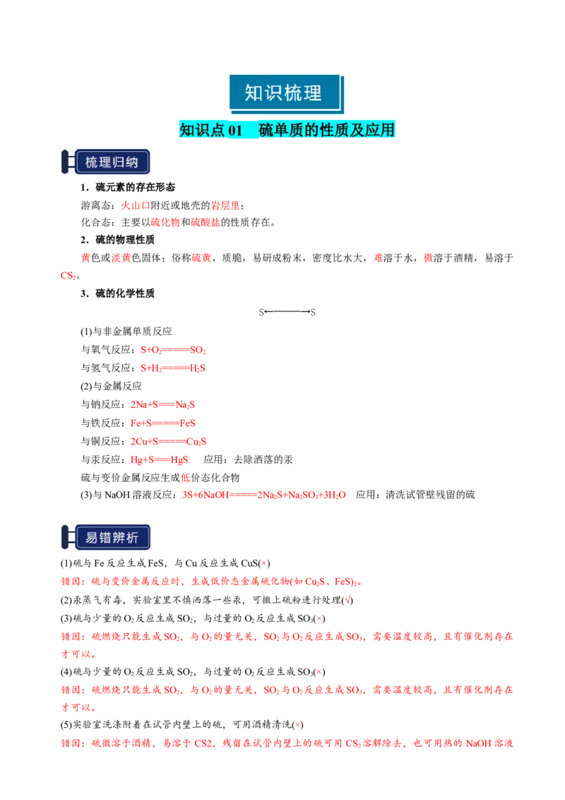 知识清单10硫及其重要化合物-上好课2025年高考化学一轮复习知识清单（新高考专用）（解析版）_05高考化学_新高考复习资料_2025年新高考资料