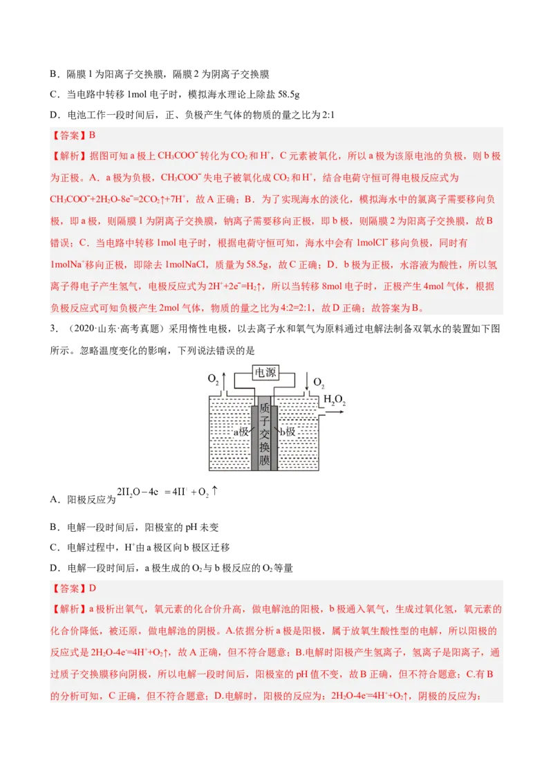专题讲座（六）电解质介质和隔膜在电化学的作用（练）-2023年高考化学一轮复习讲练测（全国通用）（解析版）_05高考化学_通用版（老高考）复习资料_2023年复习资料_一轮复习