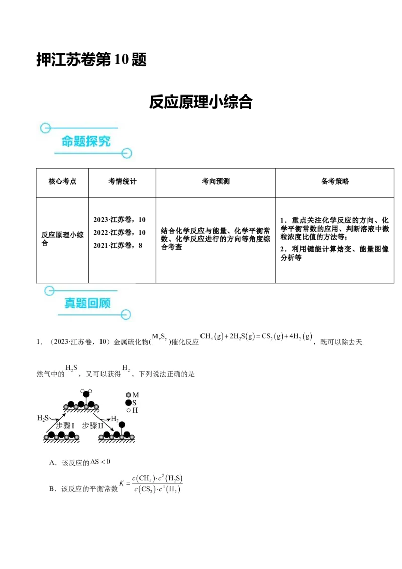 押江苏卷第10题反应原理小综合（原卷版）_05高考化学_2024年新高考资料_5.2024三轮冲刺_备战2024年高考化学临考题号押题（江苏专用）322863014