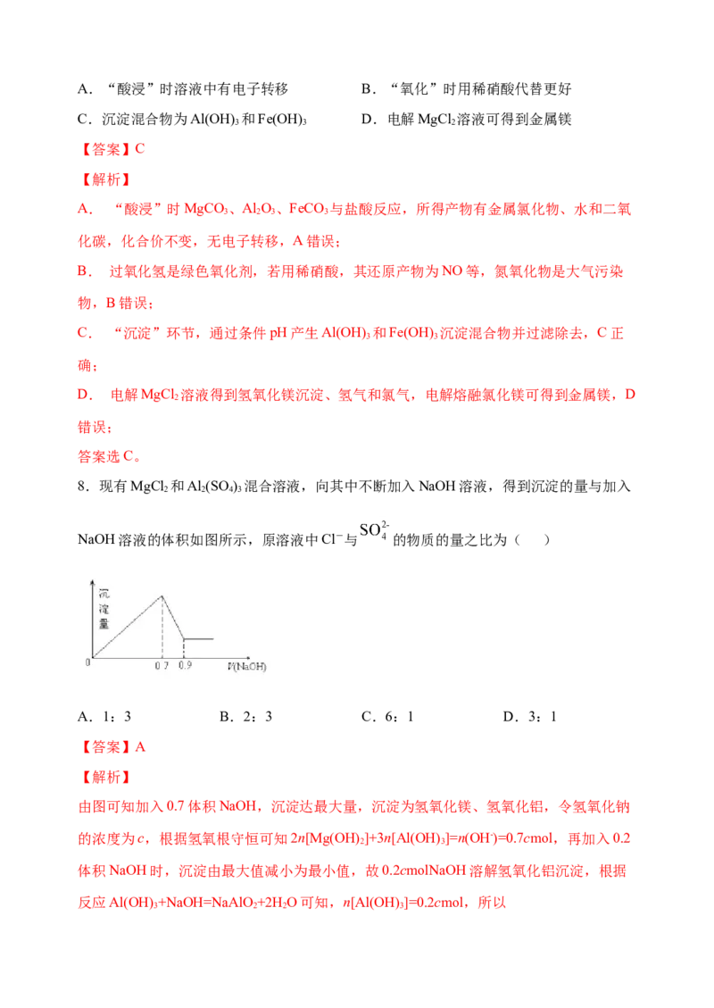 微专题16镁及其化合物的性质与海水提取镁的工艺流程-备战2022年高考化学考点微专题（解析版）_05高考化学_新高考复习资料_2022年新高考资料_备战2022年高考化学考点微专题