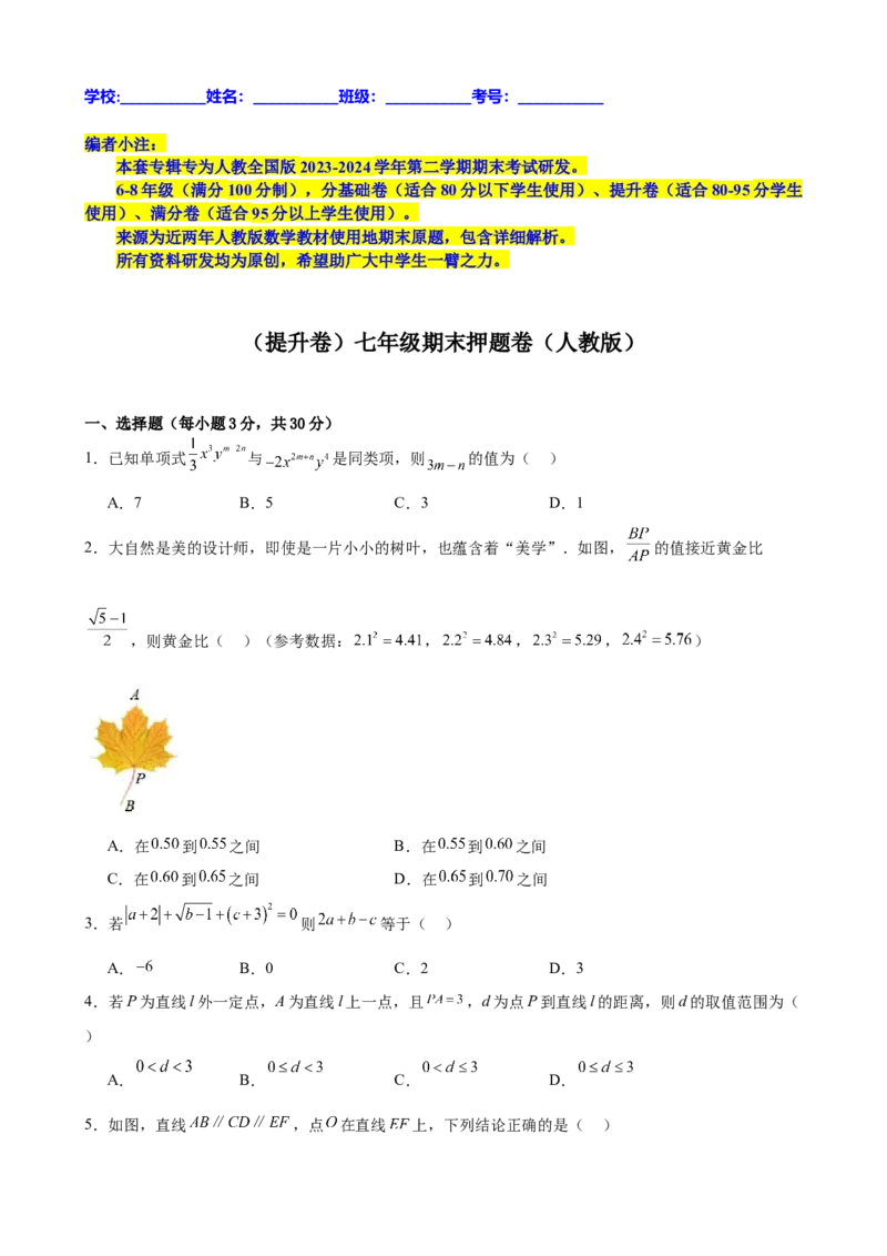 （提升卷）七年级期末押题卷（人教版）（原卷版）-难度分层卷2023-2024学年初中数学下学期期末考试卷（多版本）_初中数学人教版_7下-初中数学人教版_06习题试卷_4期末试卷