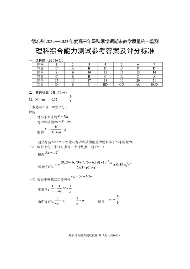 云南省德宏州2022-2023学年高三上学期期末考试理科综合试题_05高考化学_高考模拟题_新高考