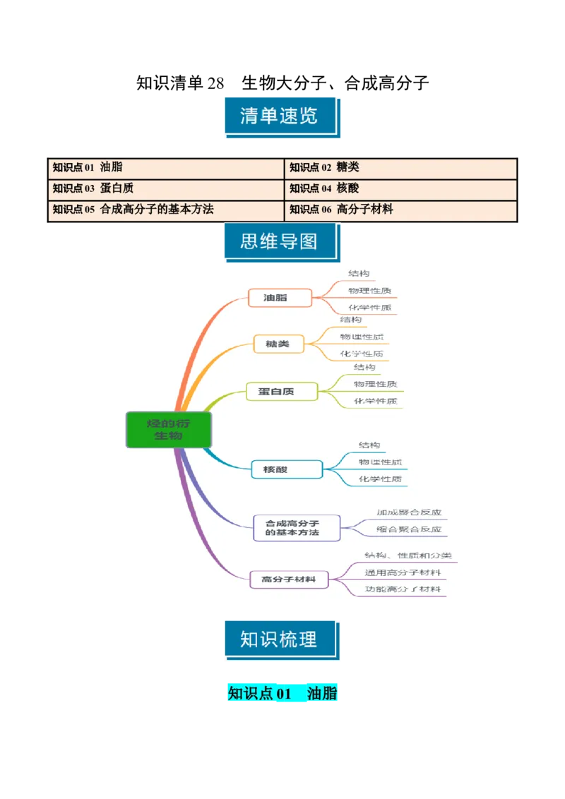知识清单28生物大分子、合成高分子（原卷版）_05高考化学_2025年新高考资料_一轮复习_上好课2025年高考化学一轮复习知识清单3246985