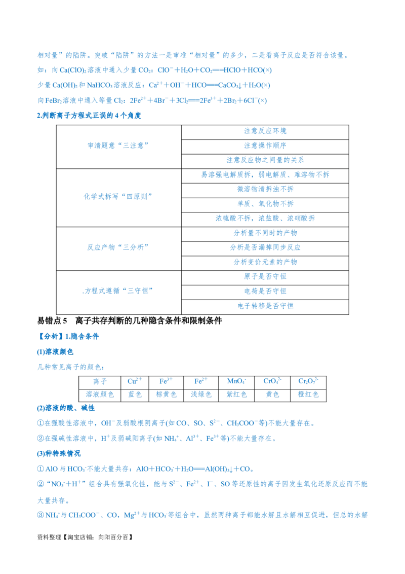 易错类型03离子反应（6大易错点）（解析版）_05高考化学_新高考复习资料_2024年新高考资料_❤专项复习资料_备战2024年高考化学考试易错题（全国通用）_教师版（含答案解析）