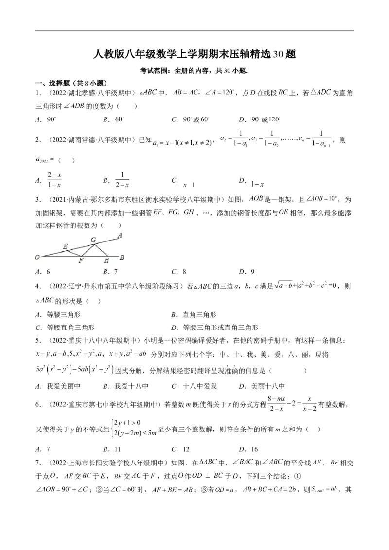 人教版八年级数学上学期期末压轴精选30题（原卷版）_初中数学人教版_8上-初中数学人教版_旧版_06习题试卷_6期中期末复习专题