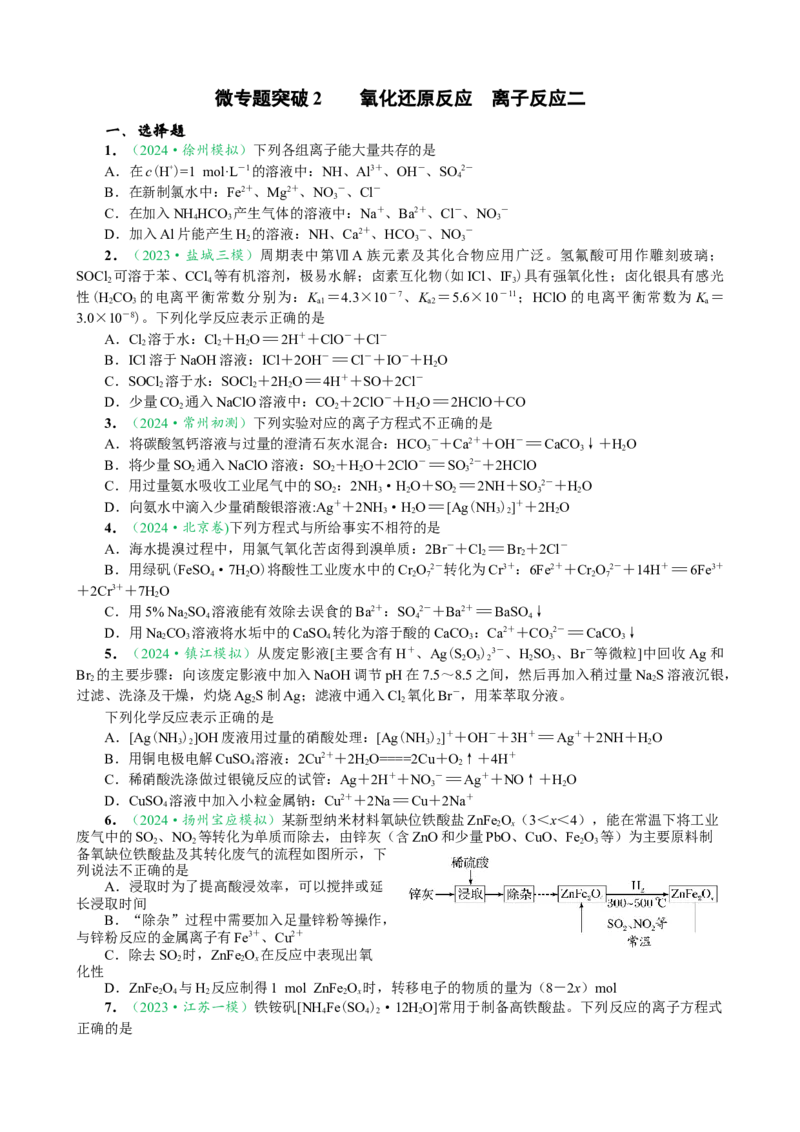 微专题突破02氧化还原反应离子反应（作业02）（学生版）_05高考化学_2025年新高考资料_二轮复习_01高考语文等多个文件_2025年高考化学二轮复习重点微专题突破学案（新高考专用）