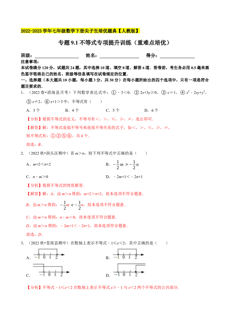 专题9.1不等式专项提升训练（重难点培优）2023培优（解析版）人教版_初中数学人教版_7下-初中数学人教版_7下-初中数学人教版（旧版）赠送_07专项讲练