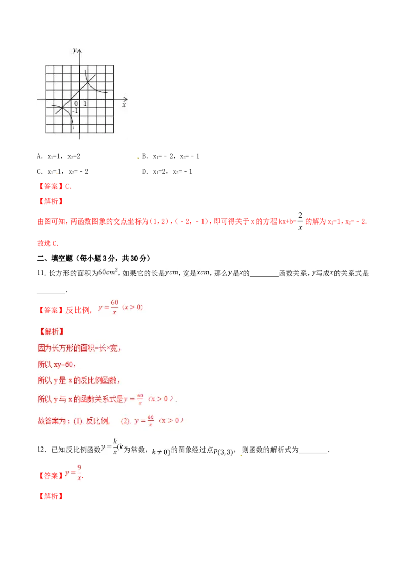 第26章反比例函数（B卷）_初中数学人教版_9下-初中数学人教版_06习题试卷_2单元测试_单元测试（第2套）