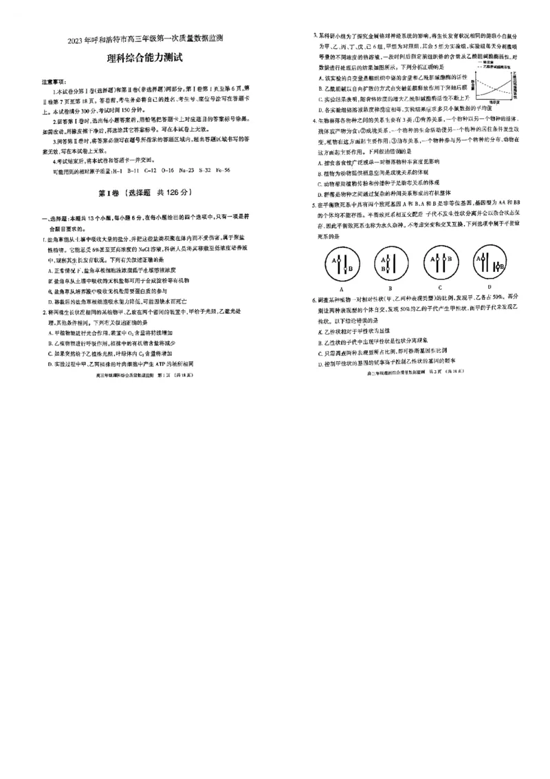 内蒙古呼和浩特市2023届高三年级第一次质量监测丨理综公众号：一枚试卷君_05高考化学_高考模拟题_新高考_内蒙古呼和浩特市2023届高三第一次质量数据监测理综
