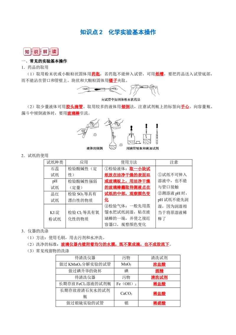 知识清单31化学实验基础-口袋书2024年高考化学一轮复习知识清单_05高考化学_2024年新高考资料_1.2024一轮复习_2024年高考化学一轮复习知识清单