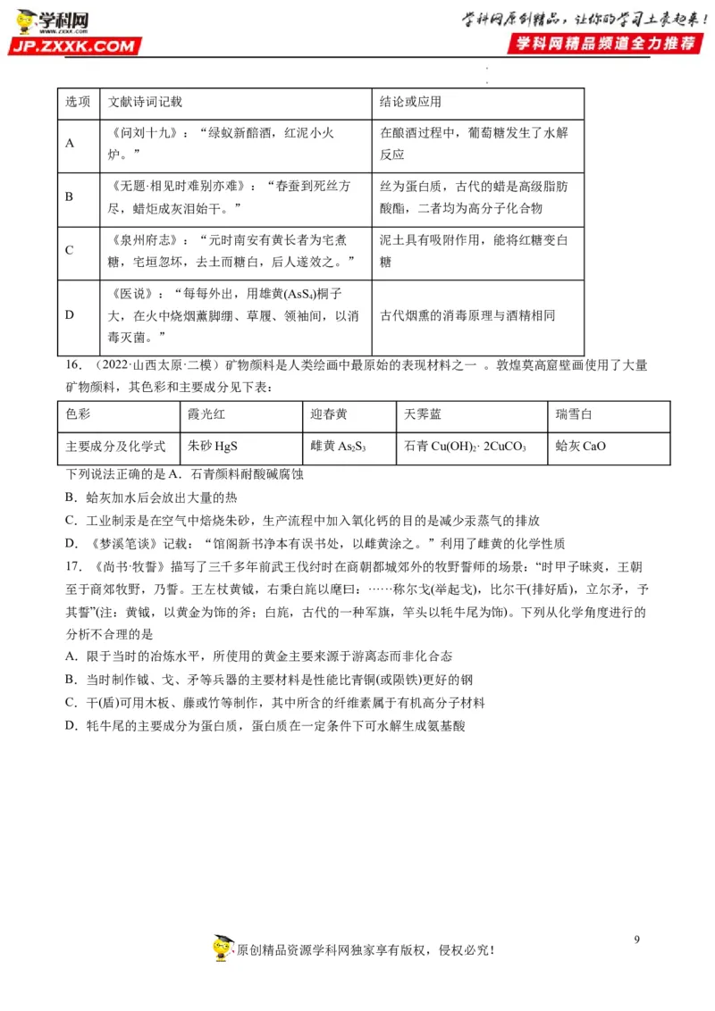 热点01化学与传统文化（原卷版）_05高考化学_新高考复习资料_2023年新高考资料_专项复习_2023年高考化学热点&middot;重点&middot;难点专练（新高考专用）_335