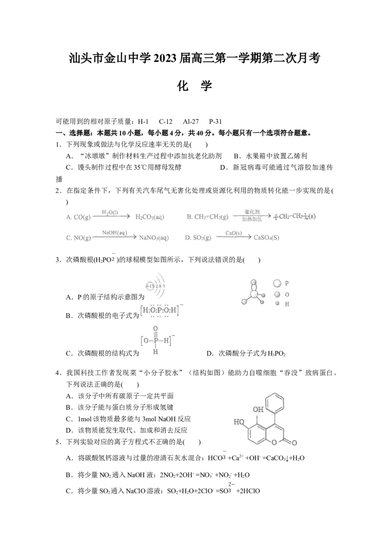 广东省汕头市金山中学2022-2023学年高三上学期第二次月考化学试题_05高考化学_高考模拟题_新高考