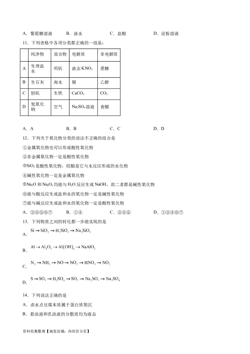 专题突破卷02&nbsp;化学物质及其变化（原卷版）_05高考化学_新高考复习资料_2024年新高考资料_一轮复习资料_完2024年高考化学一轮复习考点通关卷（新高考通用）_专题突破卷
