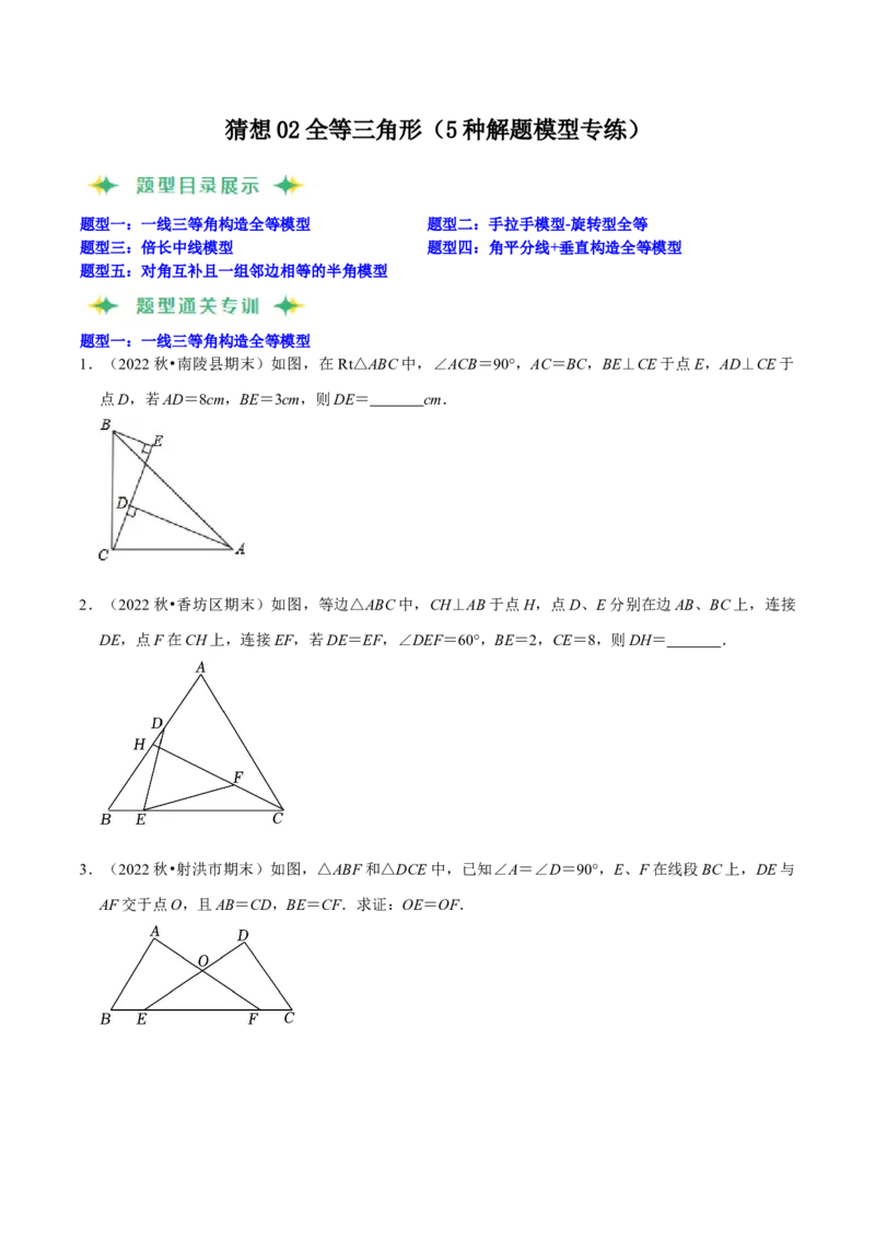 猜想02全等三角形（5种解题模型专练）（原卷版）_初中数学人教版_8上-初中数学人教版_旧版_06习题试卷_6期中期末复习专题