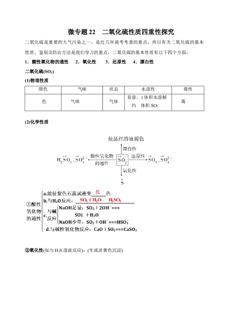 微专题22二氧化硫性质四重性探究-备战2022年高考化学考点微专题（原卷版）_05高考化学_新高考复习资料_2022年新高考资料_备战2022年高考化学考点微专题